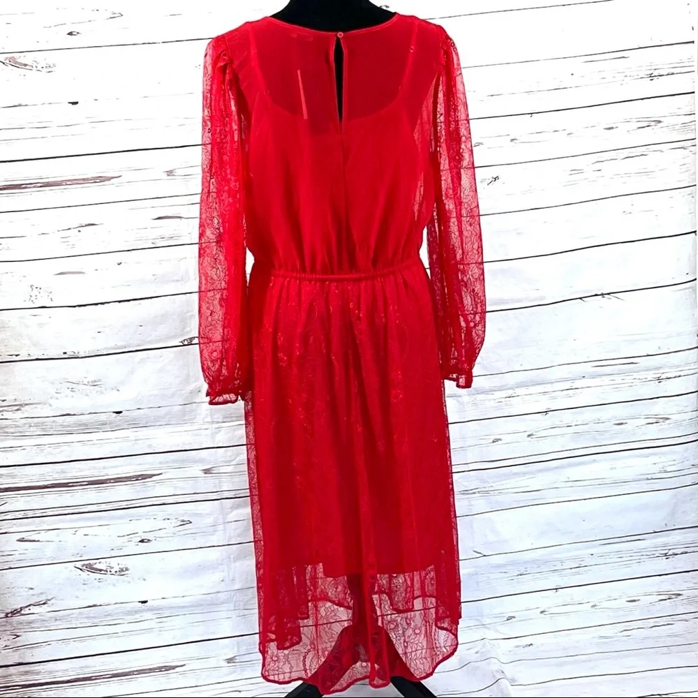 Banana Republic Women's Lace Dress Long Sleeve  Midi Semi Sheer Red Size M - Picture 5 of 10